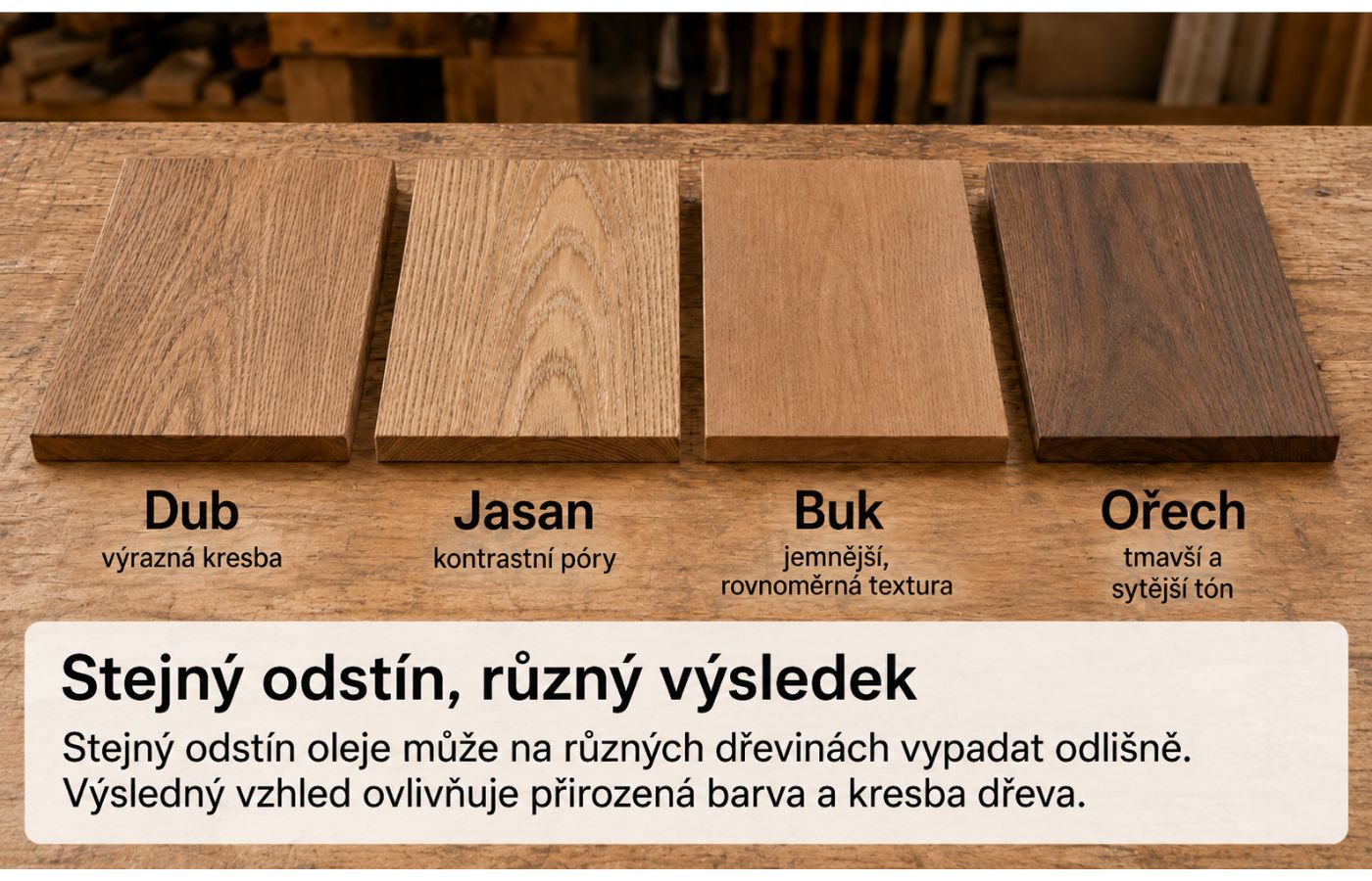 Stejný odstín na různých dřevinách při práci s Oil Plus 2C na interiérovém dřevě